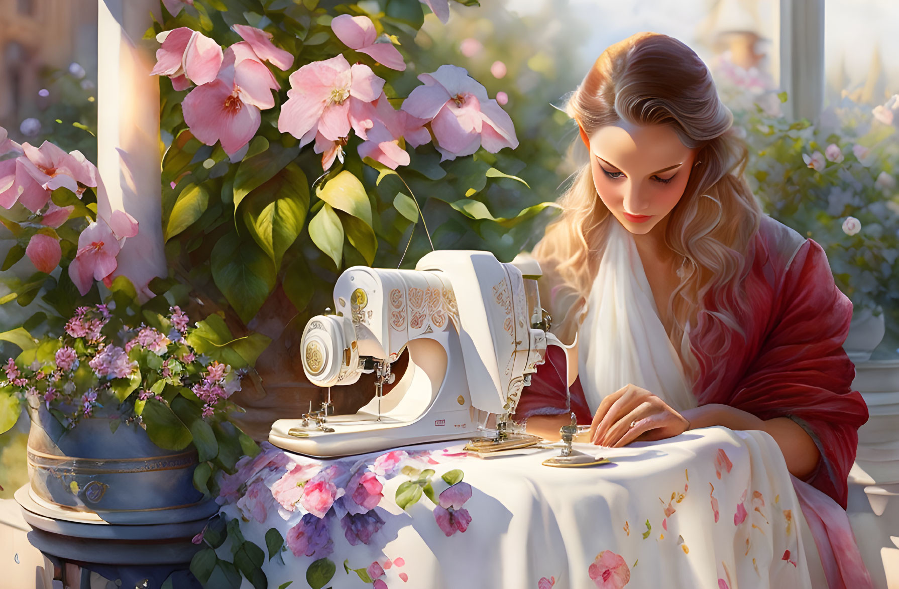 Woman sewing on white machine near sunny window with pink flowers