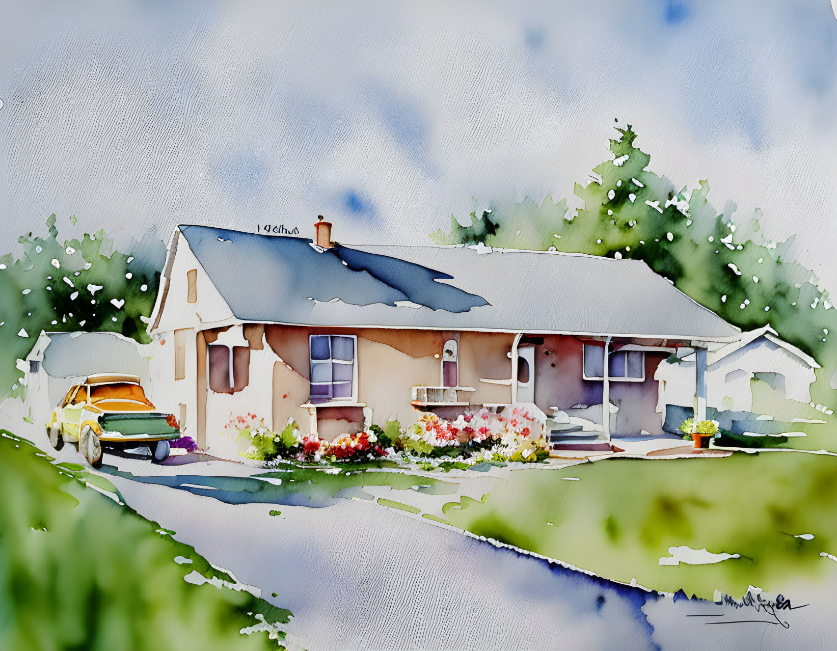 Colorful watercolor painting of countryside house with classic car and lush greenery