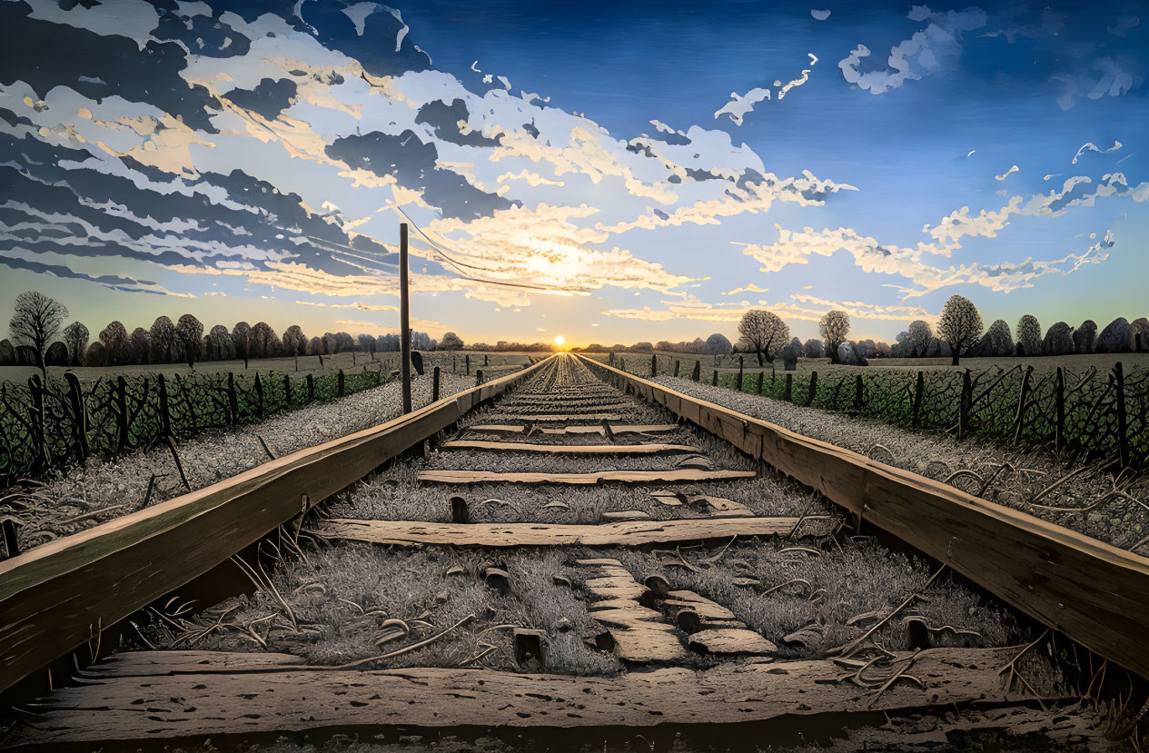 Scenic sunrise between converging railway tracks with wooden sleepers, trees, and clear blue sky.