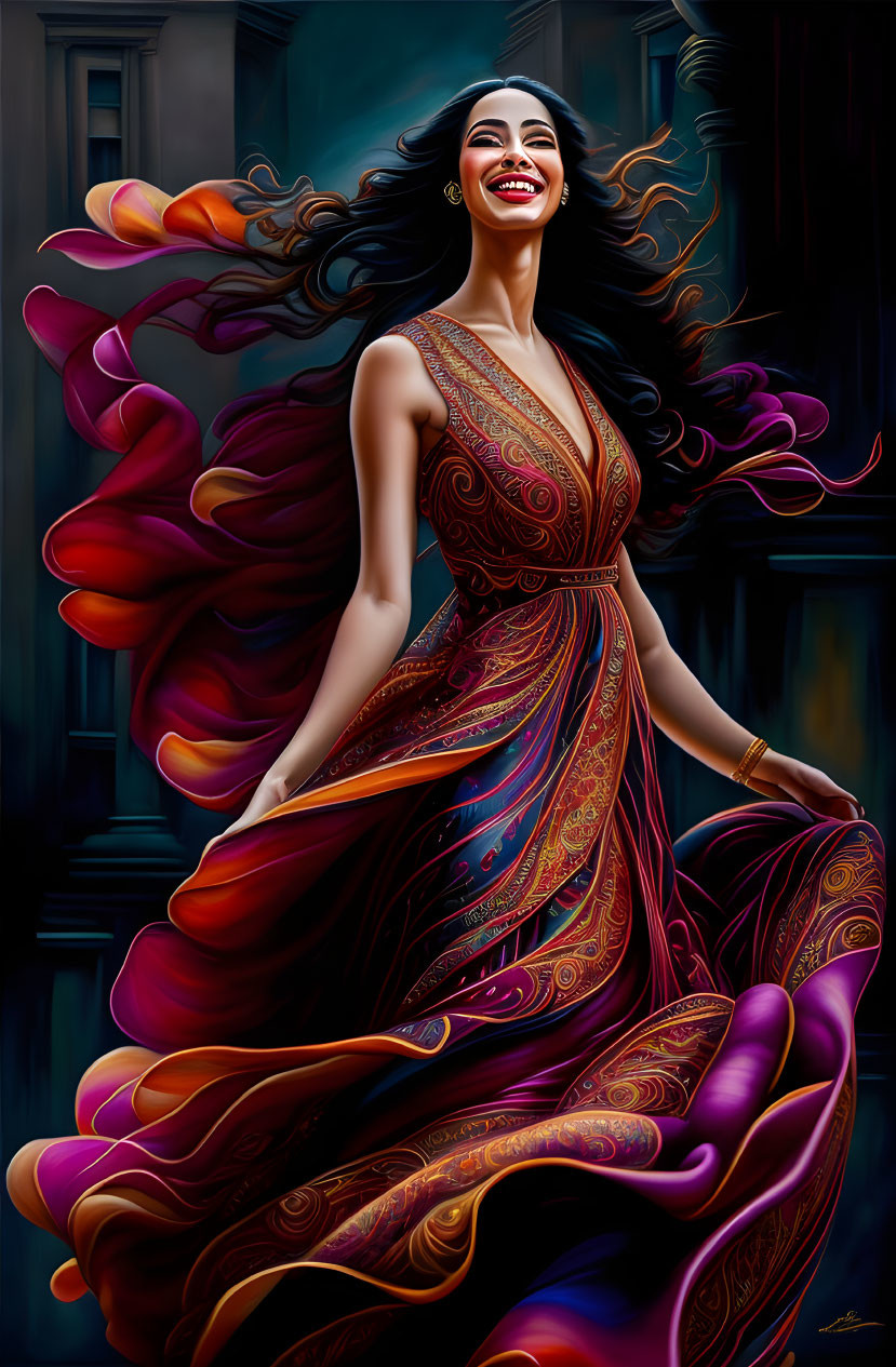 Vibrant woman in swirling dress laughs against dark cityscape