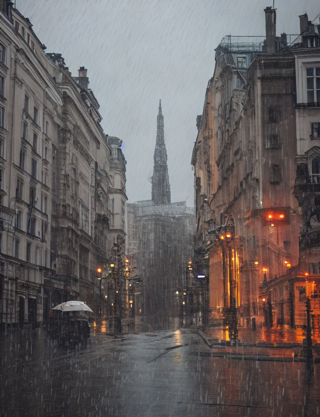 Rainy city street scene with glowing street lights, wet pavements, person with umbrella, and cathedral