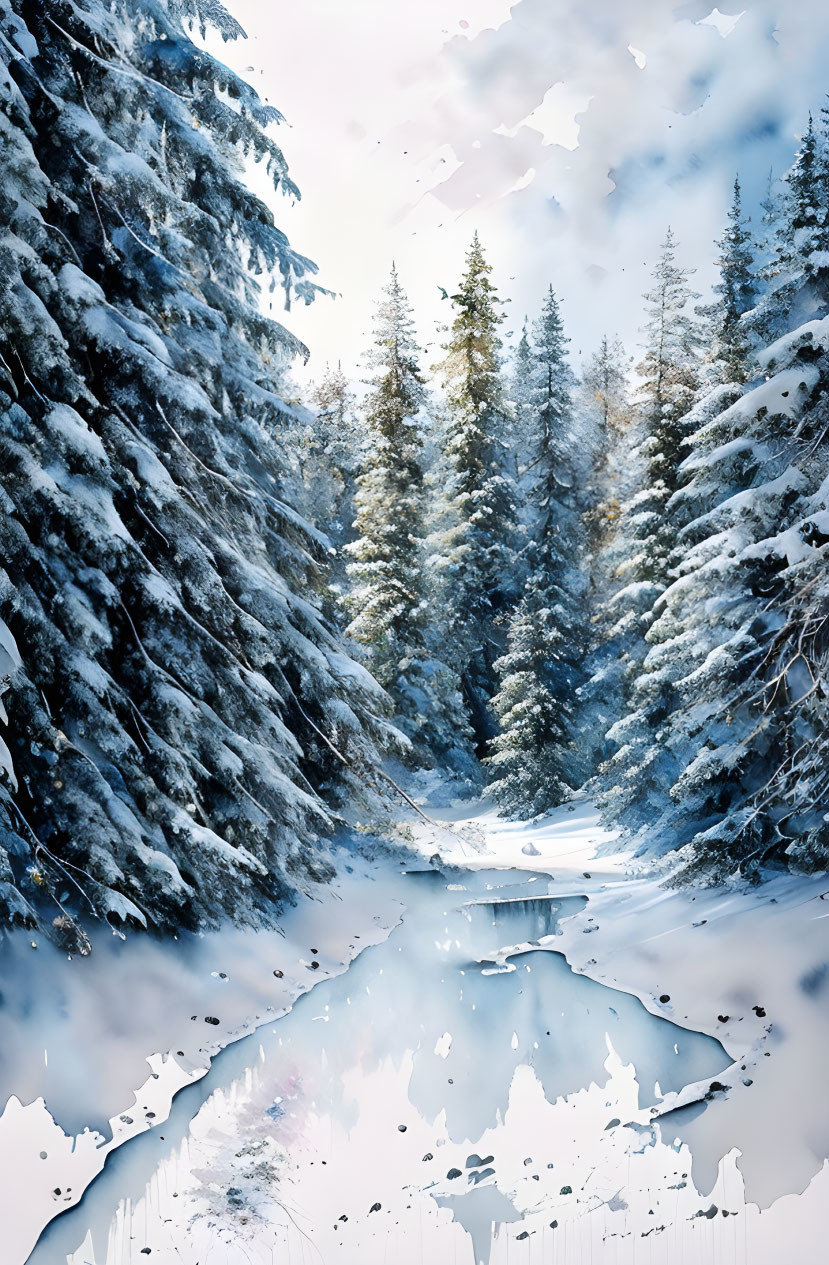 Snow-covered pine trees in serene winter scene with frozen stream.