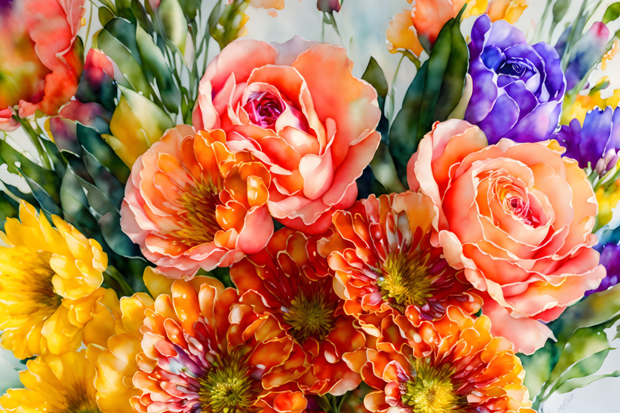 Colorful Watercolor Flower Bouquet with Orange, Yellow, and Purple Blooms