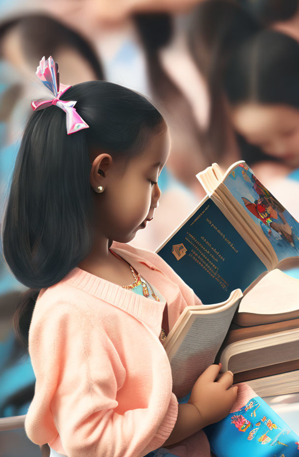 Young girl reading book with pink bow in hair, surrounded by blurred figures