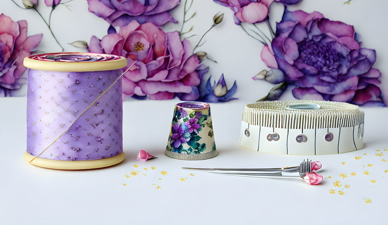 Three Decorative Containers with Floral Motifs and Needle on Floral Background