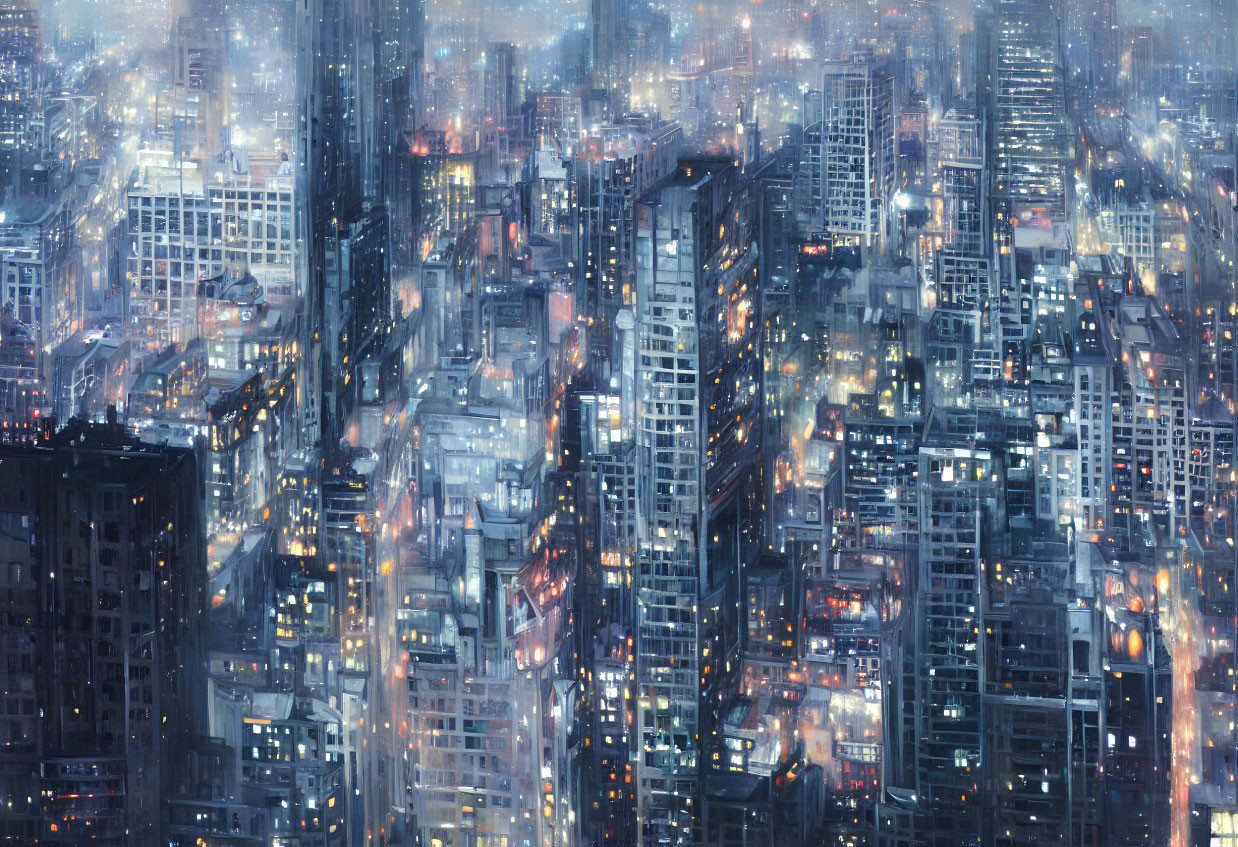 Futuristic cityscape at night with mist and bright lights