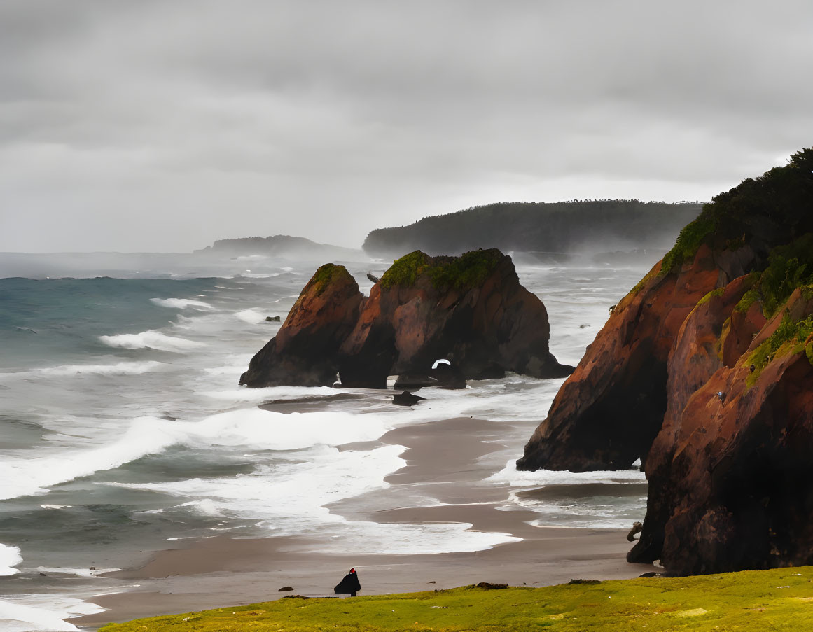 Figure sitting on grassy overlook overlooking rugged coastline with misty waves and rock formations under moody sky