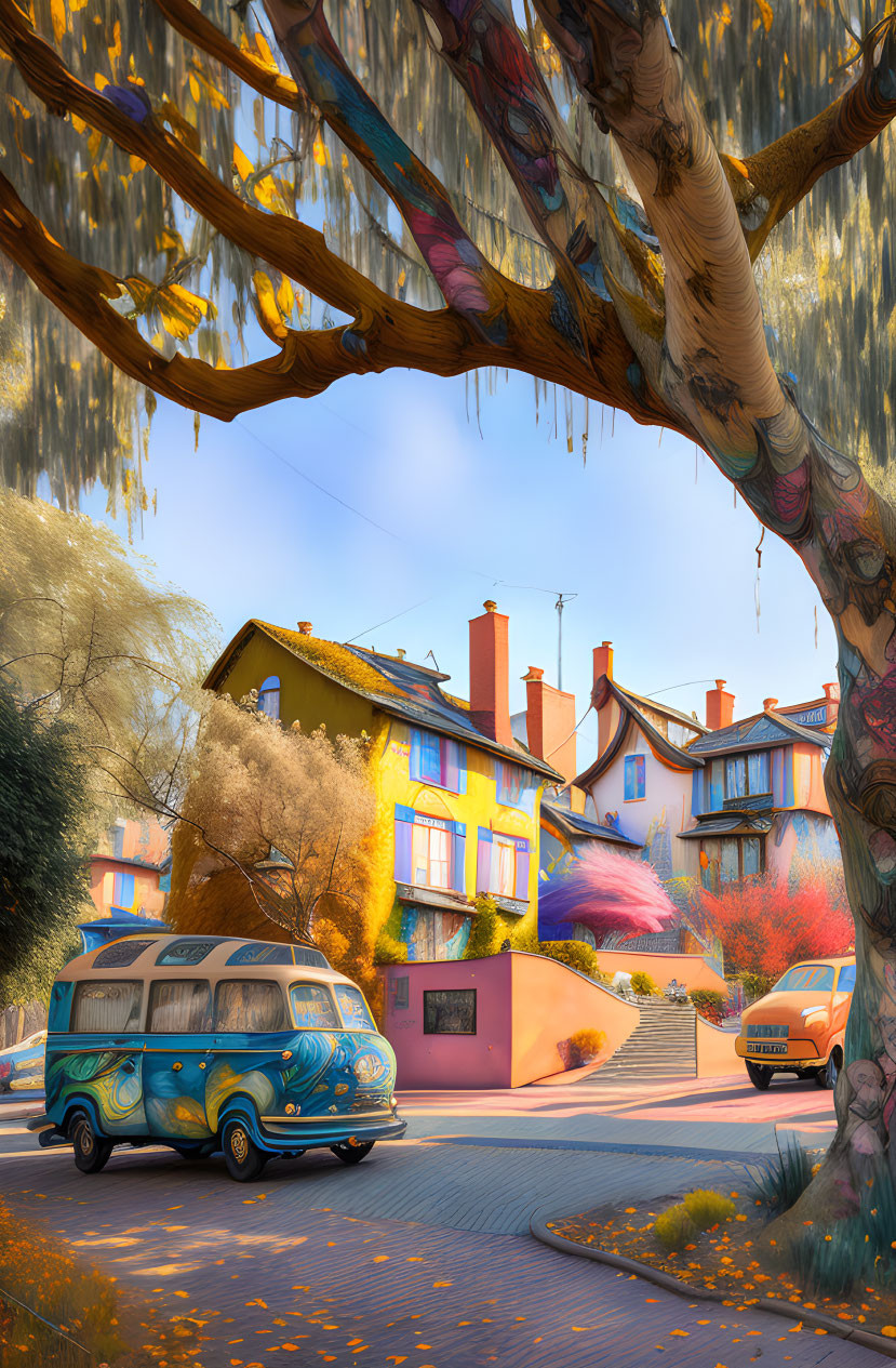 Vibrant streetscape with whimsical tree and blue van