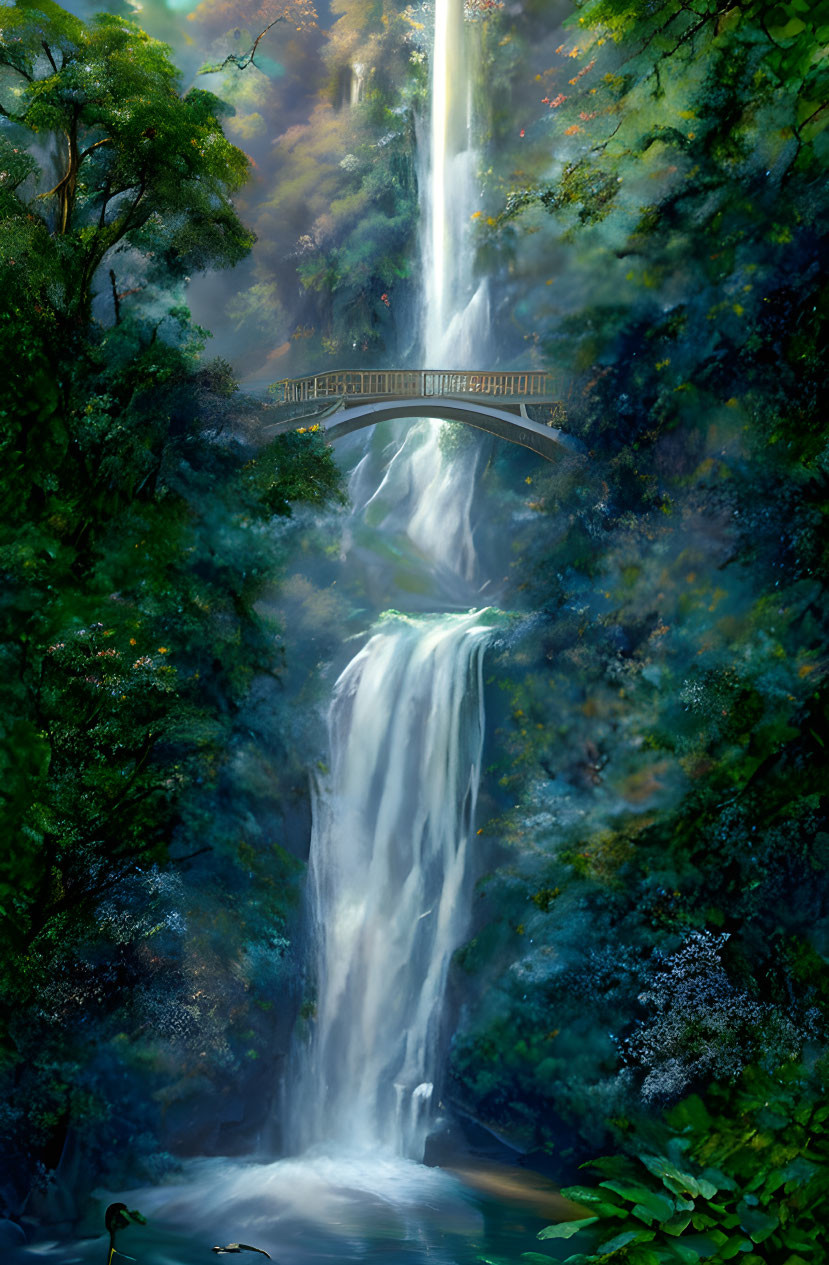 Tranquil waterfall in lush forest with wooden bridge