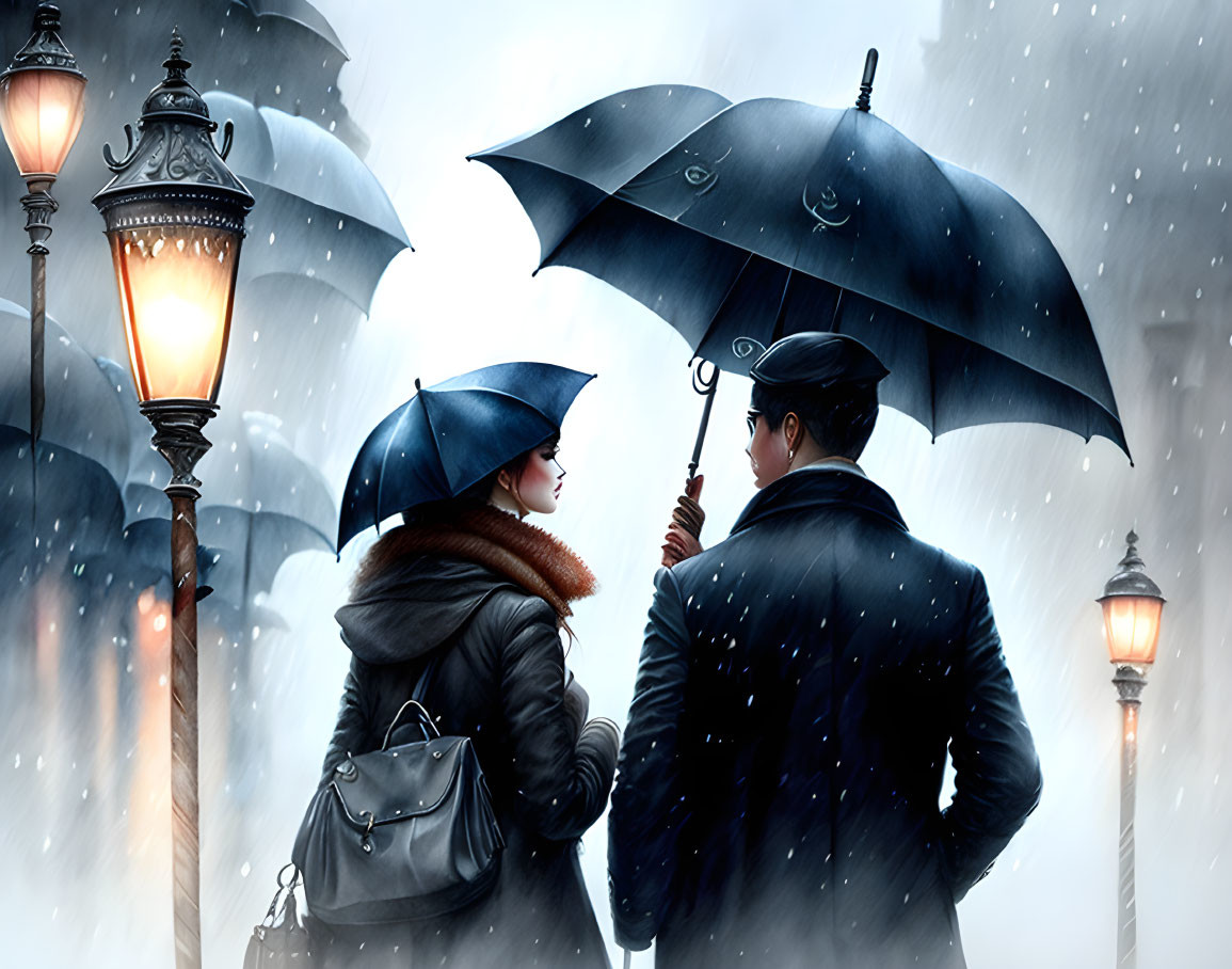 Stylized illustration of couple under umbrellas in snowfall