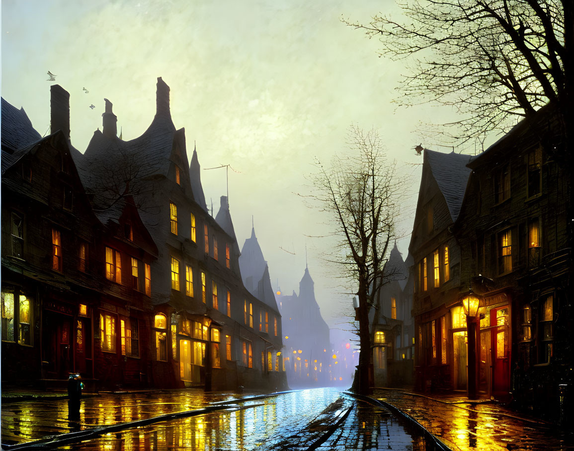 Historic Tudor-style buildings on wet cobblestone street at dusk