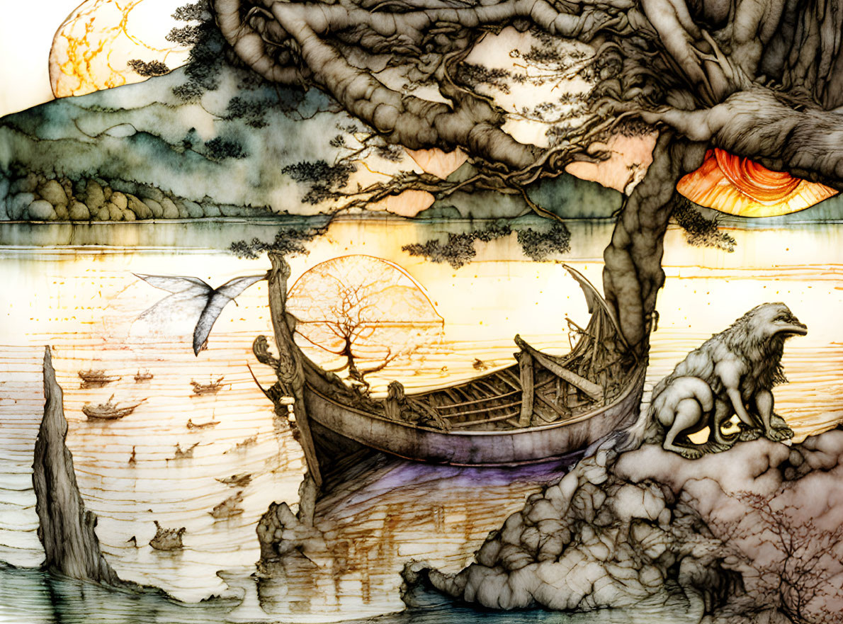 Surreal sunset illustration with boat, wolf, trees, and reflective water