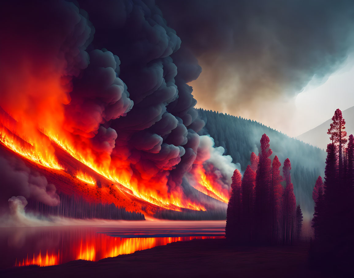 Forest wildfire at night with flames, smoke, and lake reflection