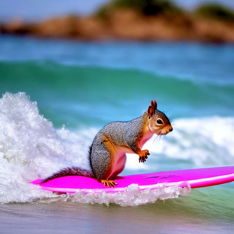 Squirrel on Pink Surfboard with Scenic Beach Background