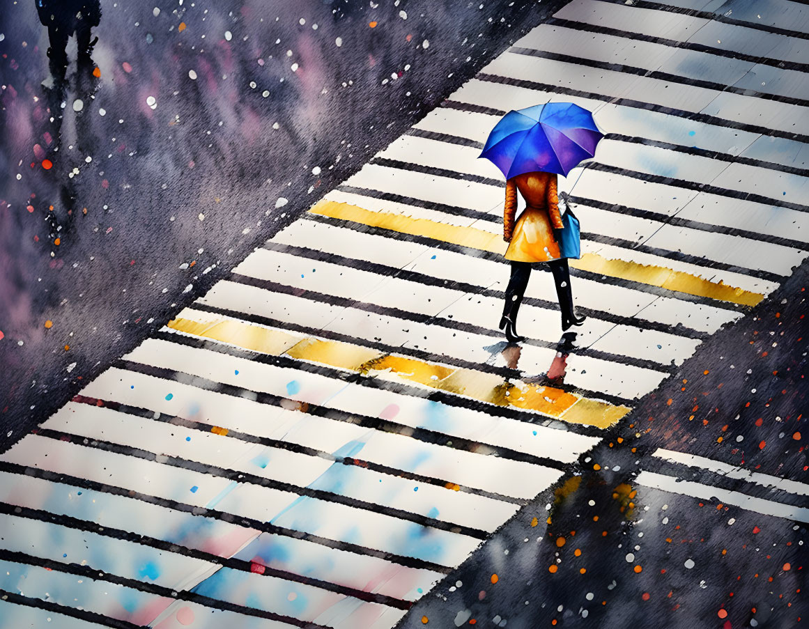 Pedestrian with blue umbrella on wet zebra crossing in colorful rain