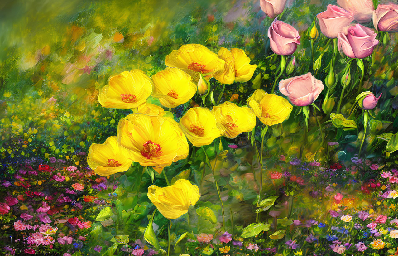 Colorful Flower Field Oil Painting with Yellow and Pink Blossoms