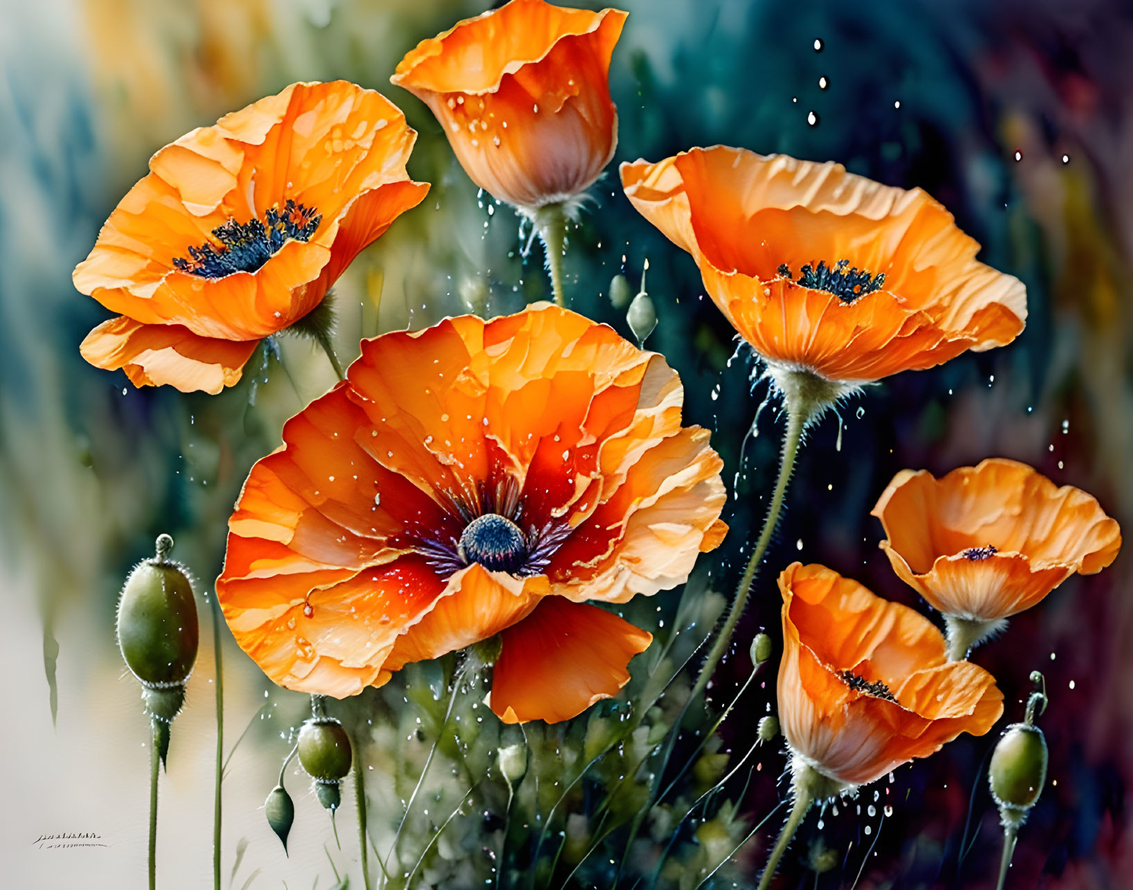 Colorful Orange Poppies with Water Droplets on Soft Background