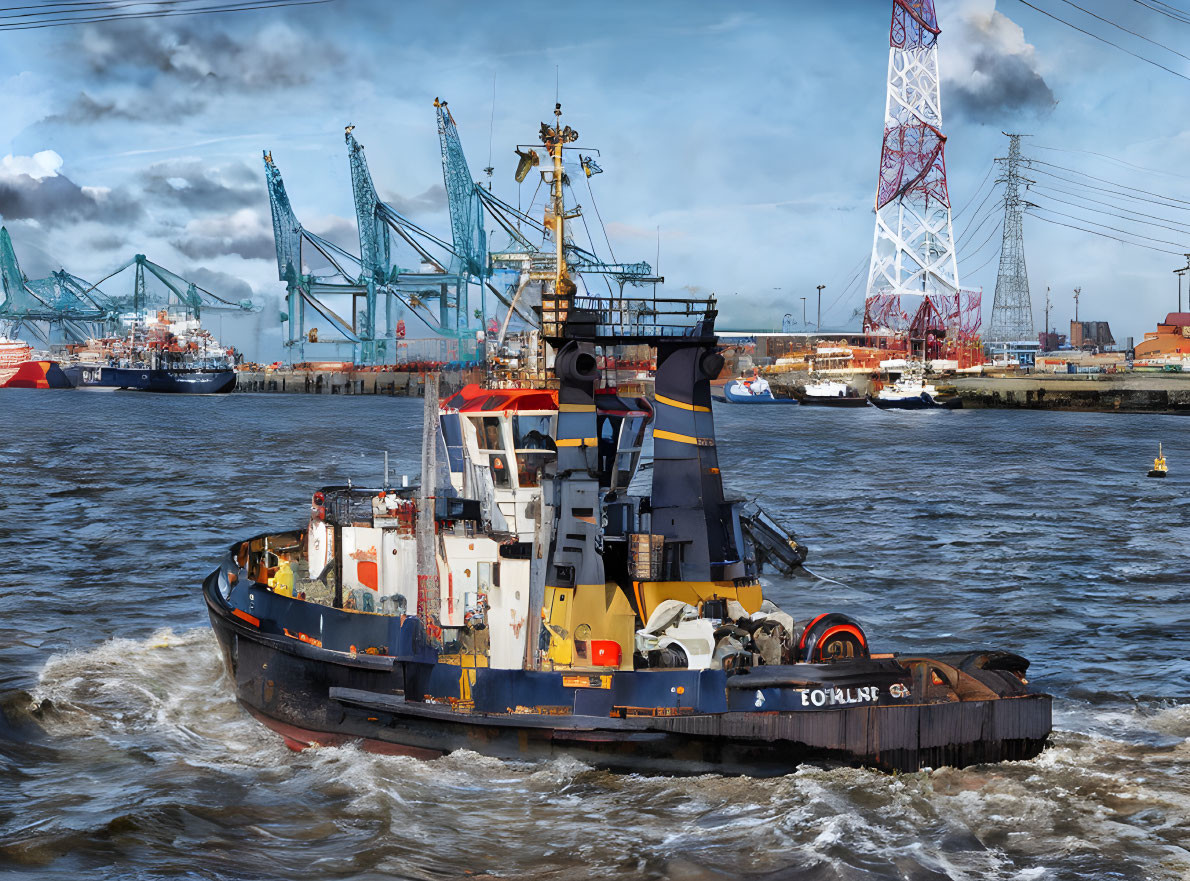 Tugboat sailing in harbor with cranes and industrial structures under partly cloudy sky