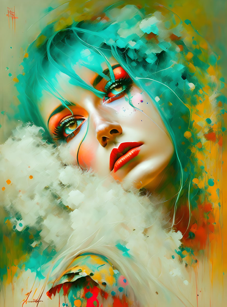 Vibrant digital portrait of a woman with teal hair and abstract makeup