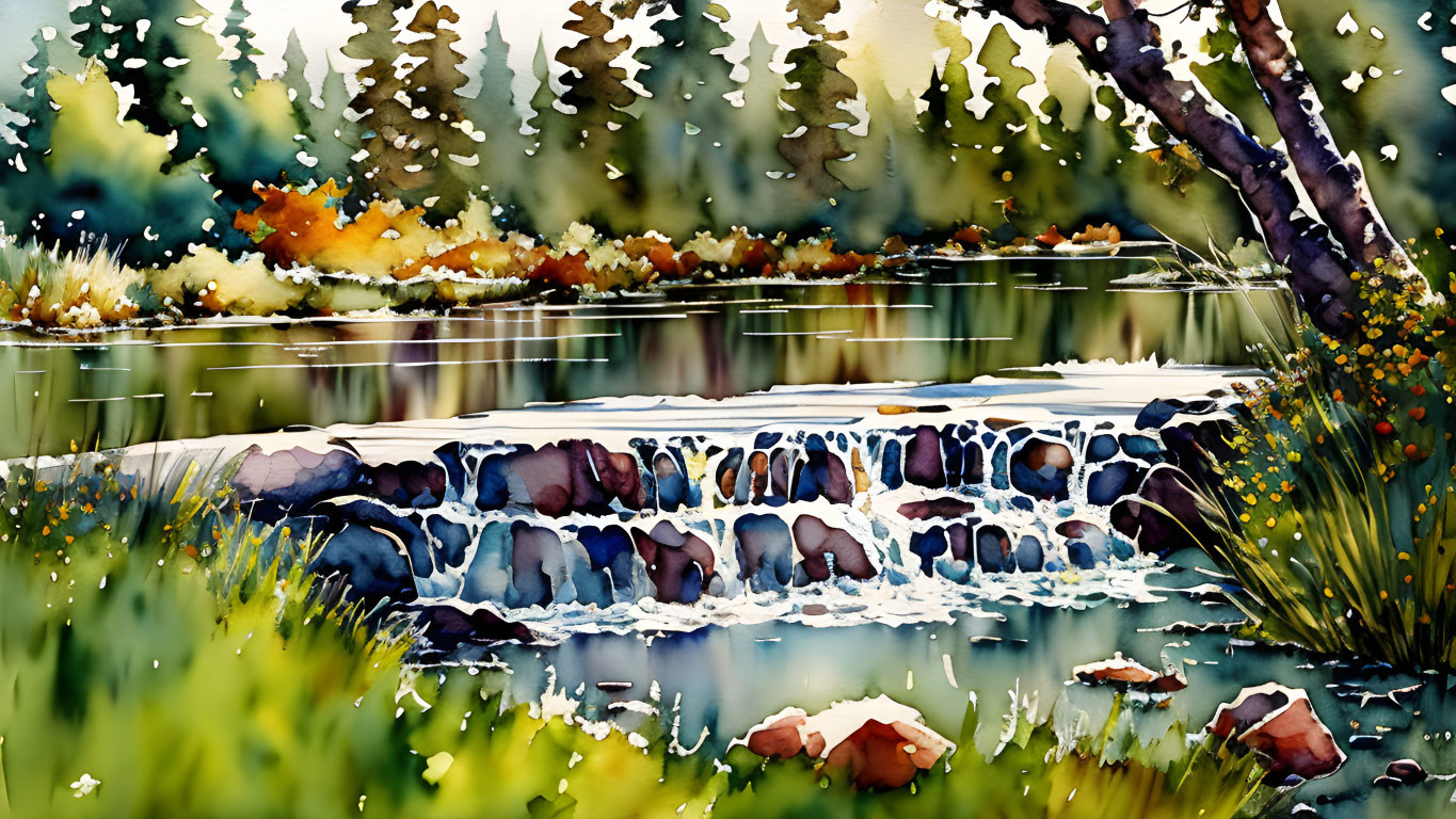 Serene landscape watercolor painting with stone bridge and lush autumnal vegetation