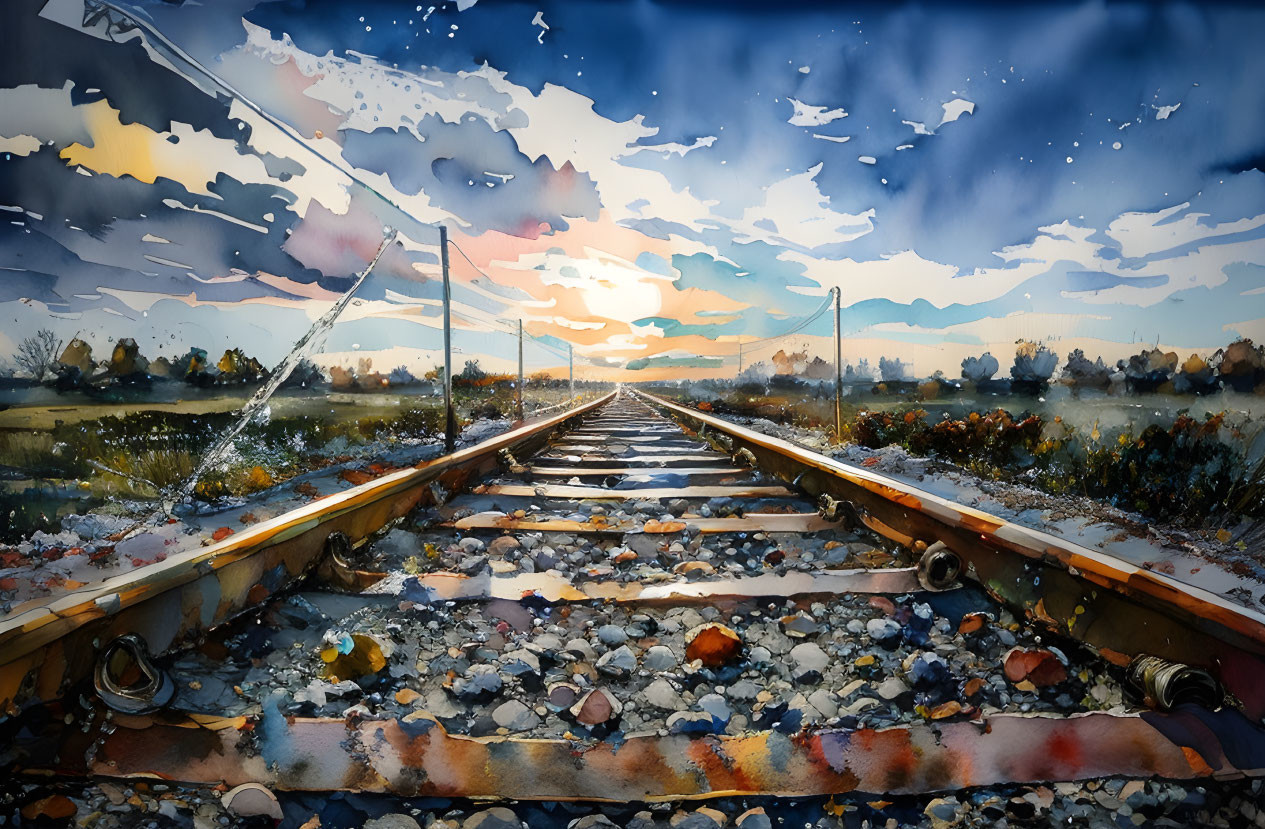 Railway sunset watercolor with autumn foliage and cloudy skies