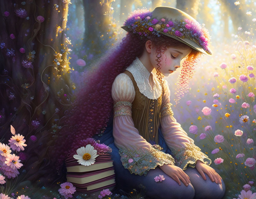 Vintage Clothing Girl with Floral Hat Sitting by Tree and Flowers with Book