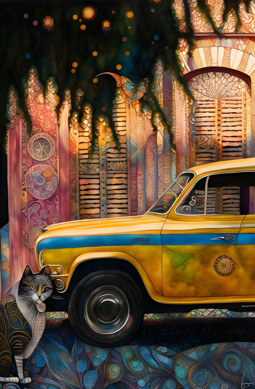 Colorful artwork: Vintage yellow taxi, cat, ornate patterns, night sky with luminescent