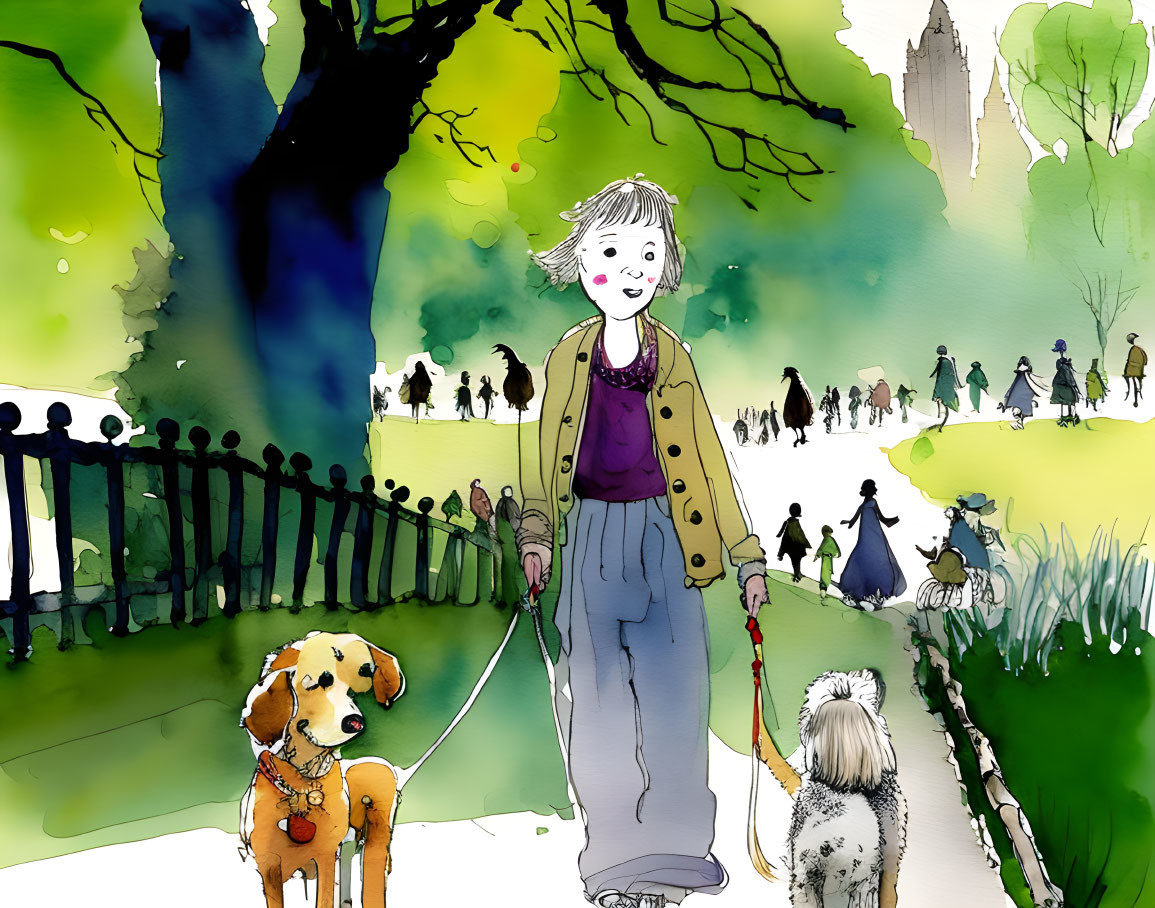 Colorful Watercolor Illustration of Woman Walking Dogs in Park