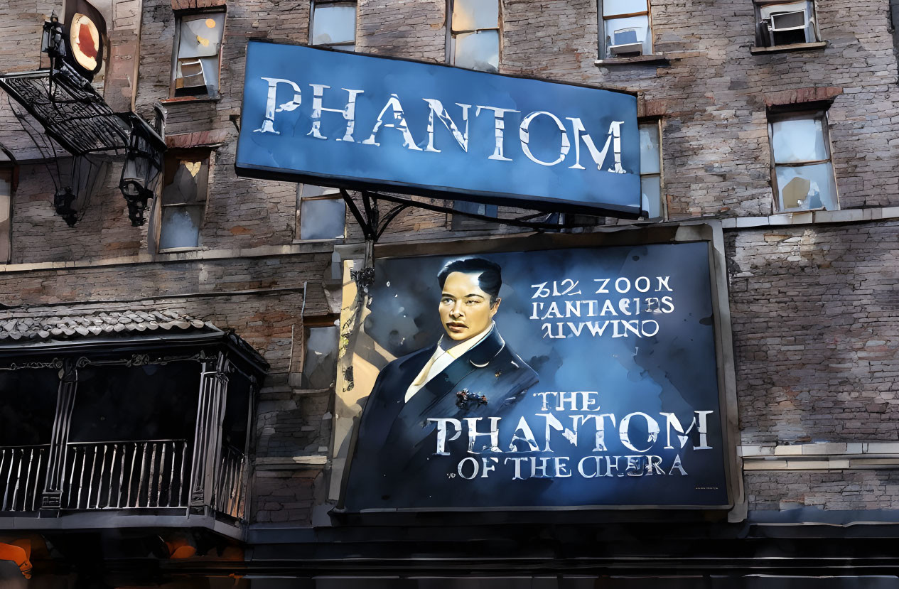 Vintage building facade with "The Phantom of the Opera" billboard featuring man in white half-mask