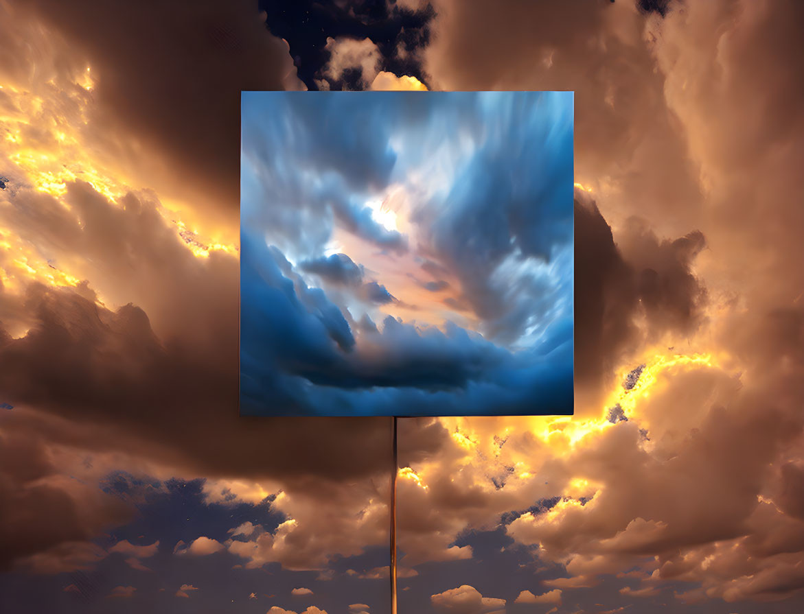 Dramatic blue cloud canvas on signpost with golden sunset backdrop