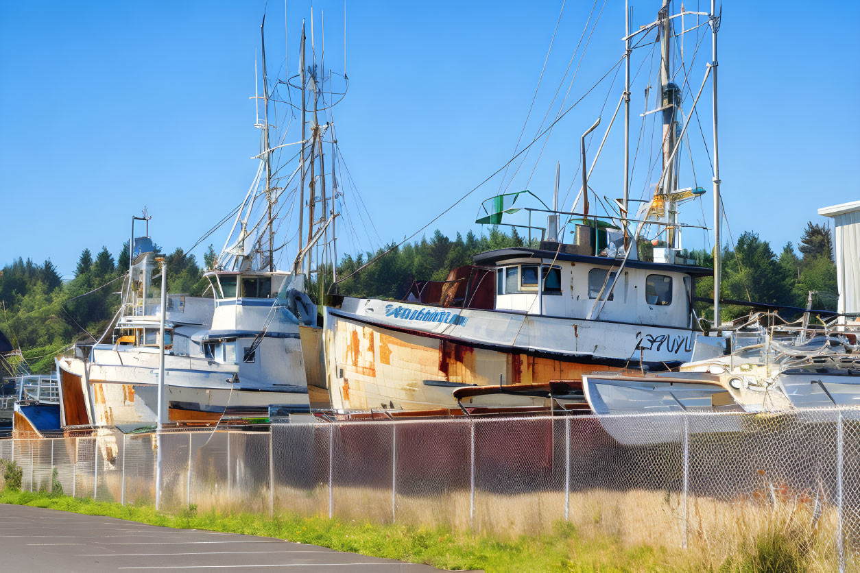 Fishing boats at dock with masts and rigging under blue sky