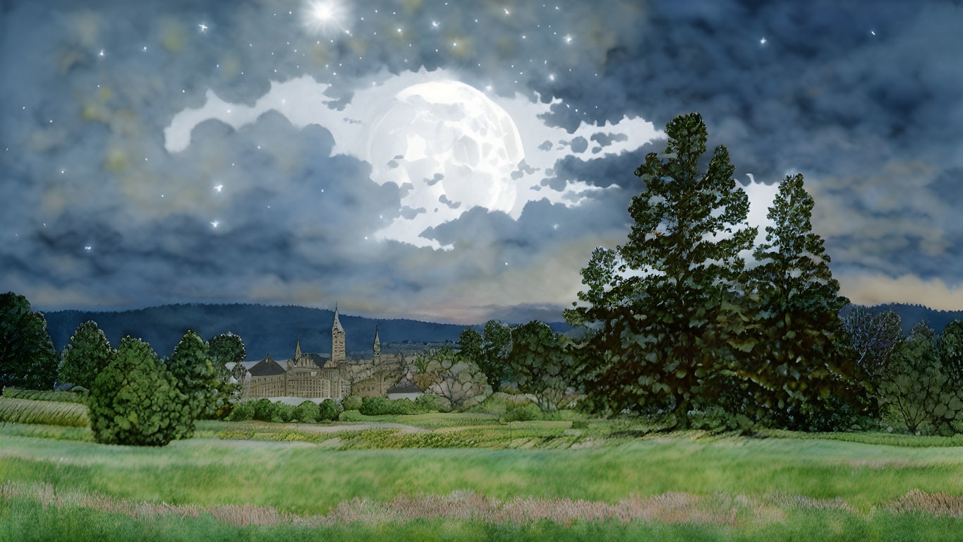 Full Moon Night Scene Over Countryside Landscape with Stately Building