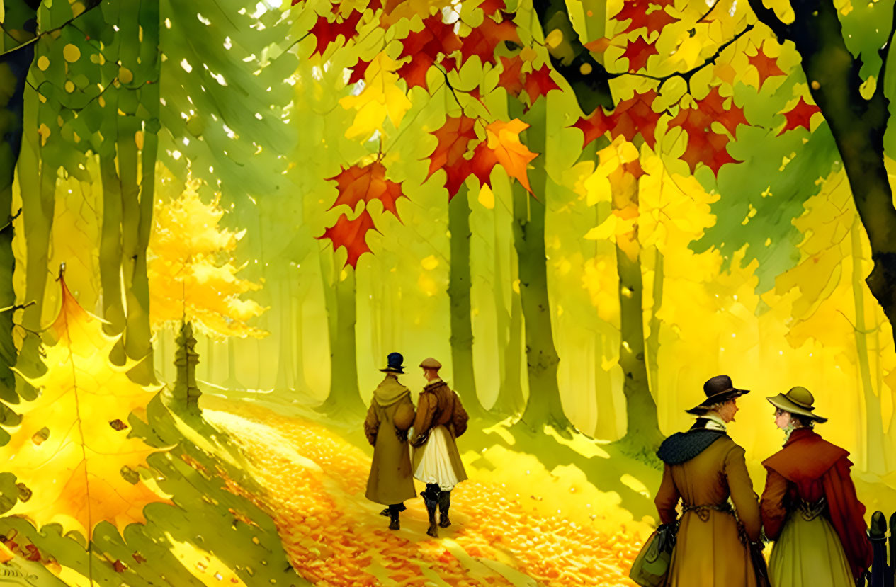 Vintage-dressed trio strolling in autumn forest with vibrant foliage.