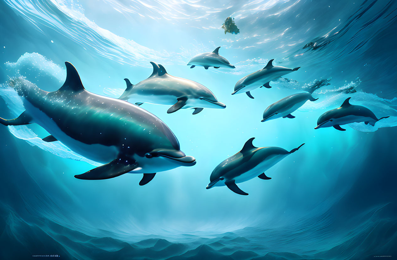 Underwater Scene: Dolphins Swimming with Sunbeams