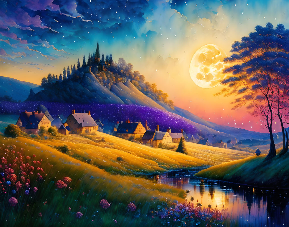 Scenic landscape with full moon over village, hills, river.