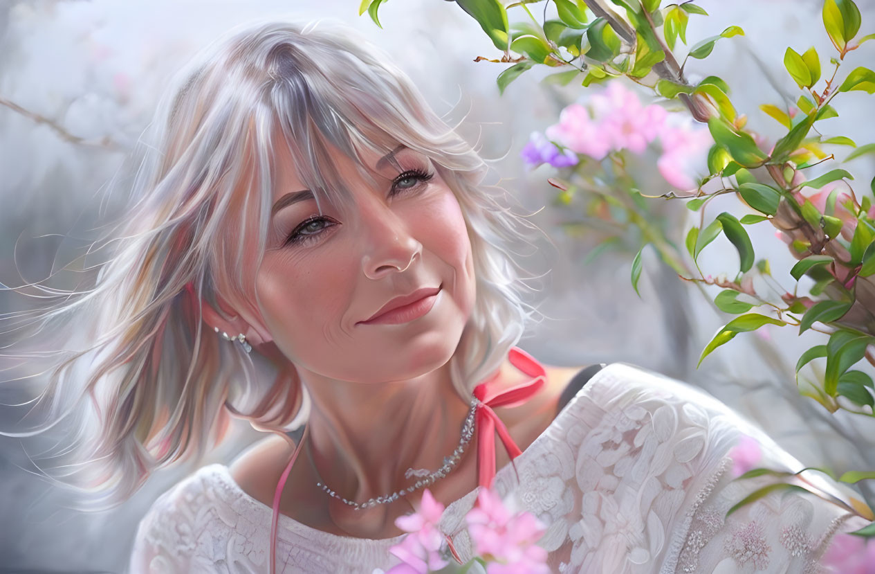 Digital painting of smiling woman with silver hair in white lace top among pink blossoms