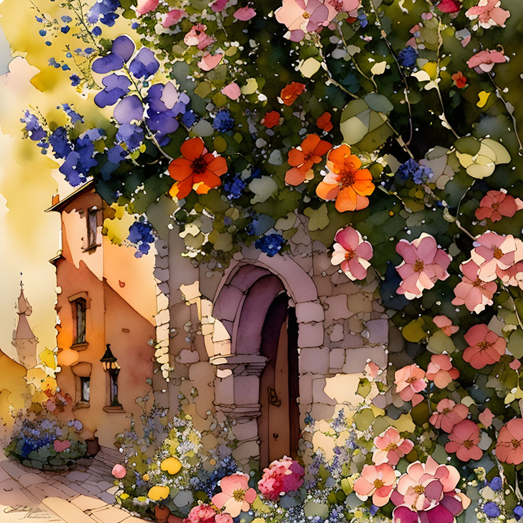 Colorful Watercolor Painting of Quaint Doorway and Flowers