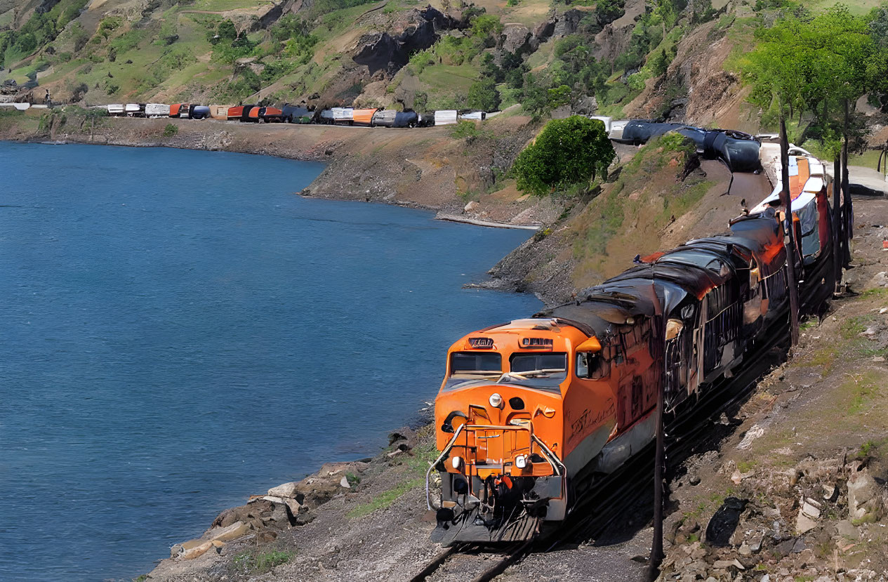 Orange locomotive freight train on rocky lakeside under clear sky