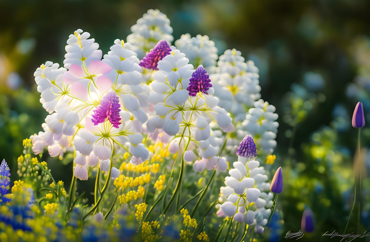 Lush Garden Scene: White and Purple Lupines in Soft Sunlight