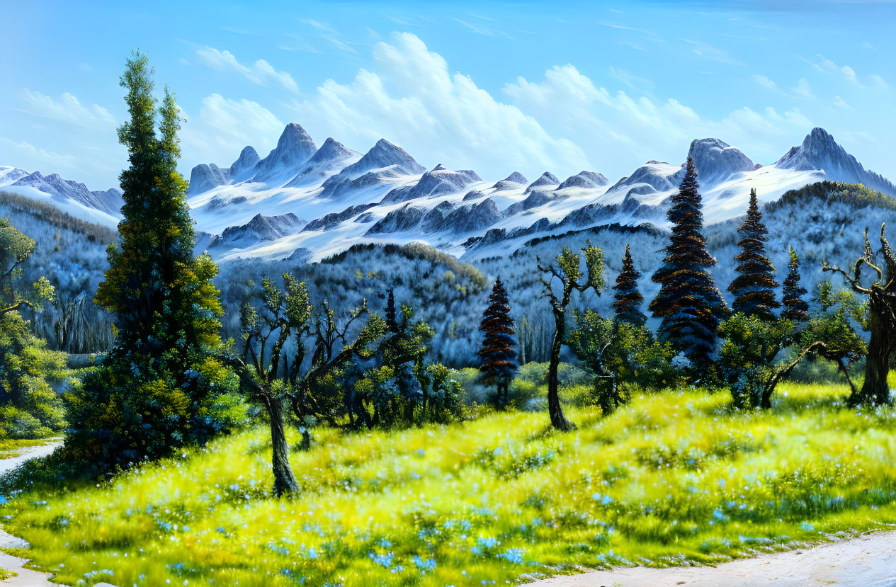 Colorful Wildflower Meadow with Snow-Capped Mountains