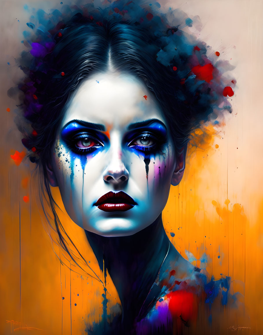 Colorful digital portrait of a woman with blue eyes and makeup on warm backdrop