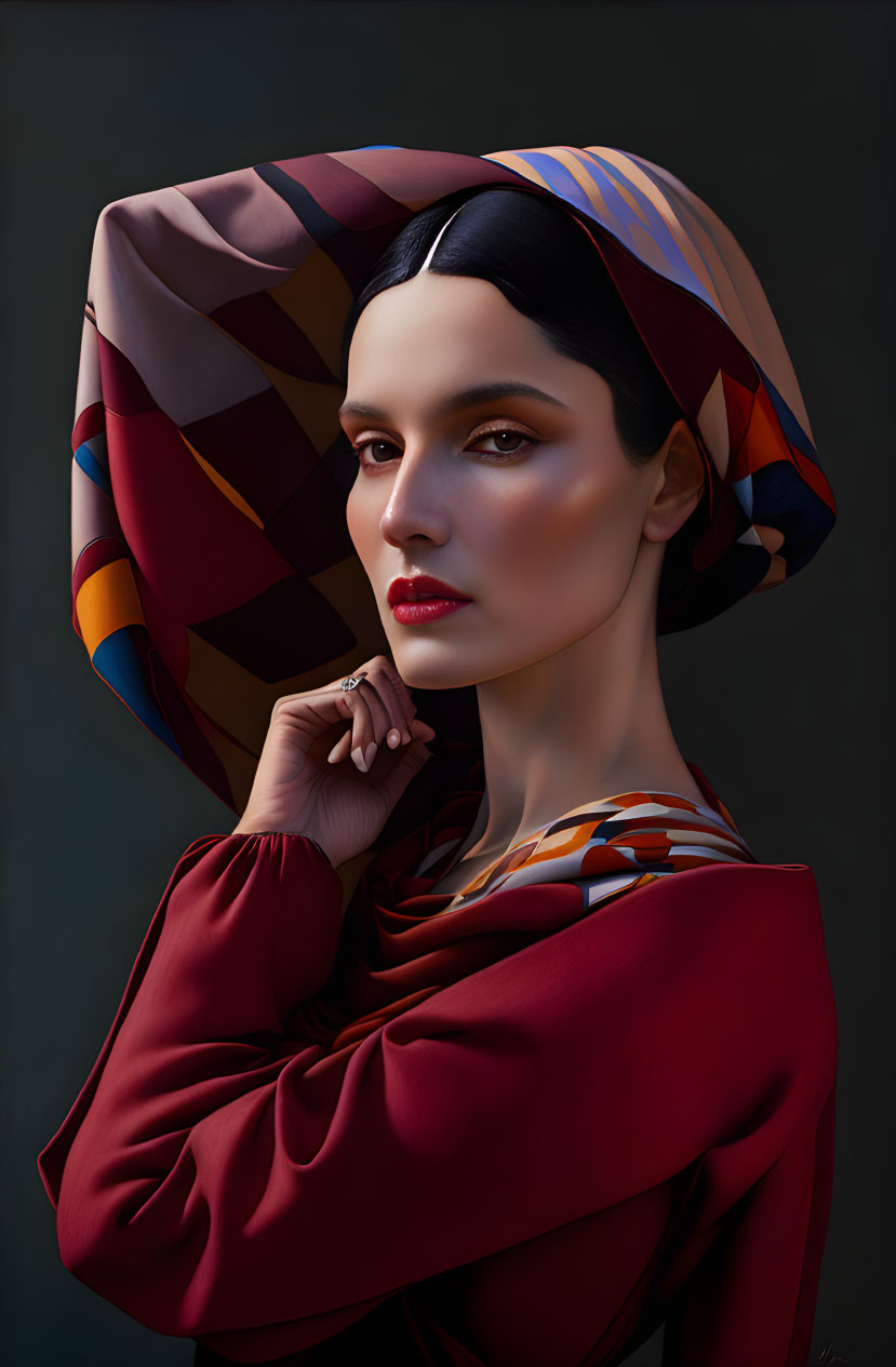 Portrait of woman in colorful headscarf and red garment with striking gaze