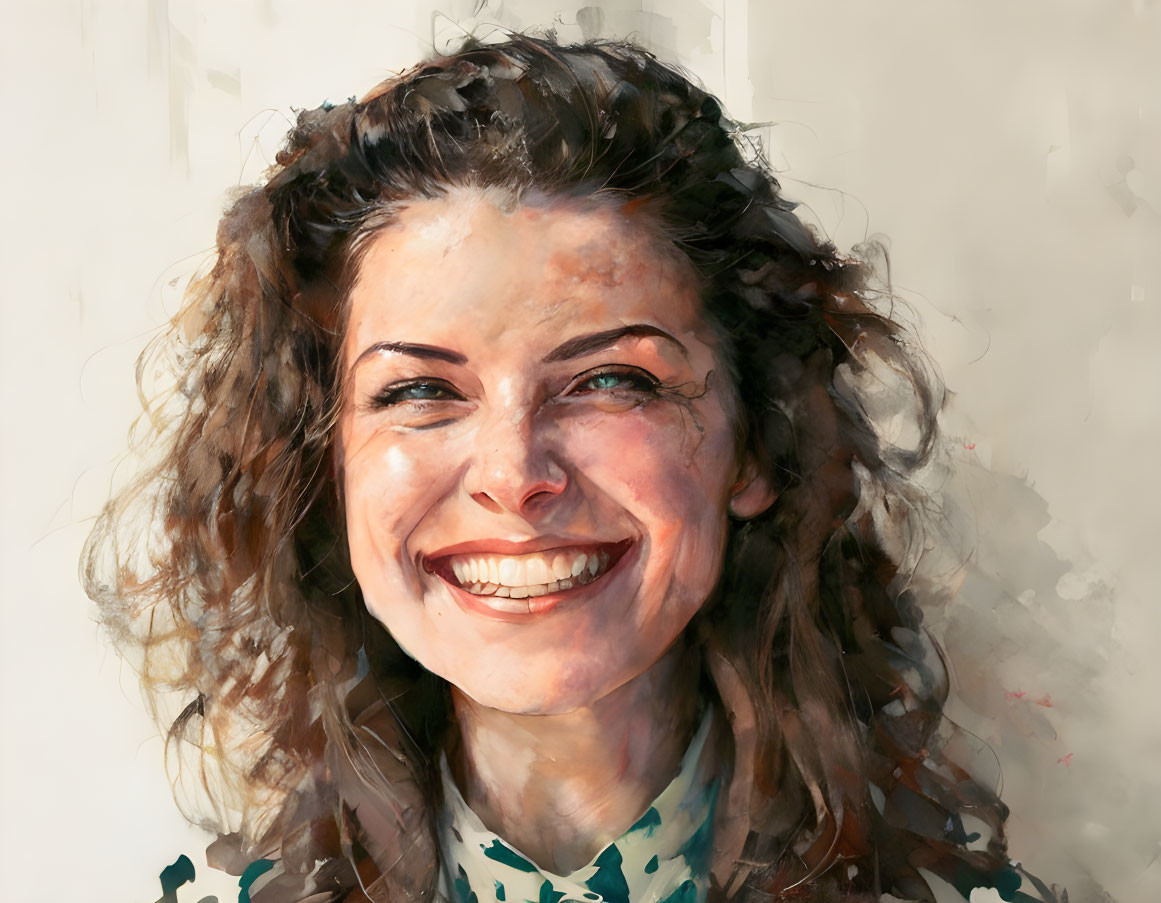 Smiling woman with curly hair and polka dot collar in warm tones