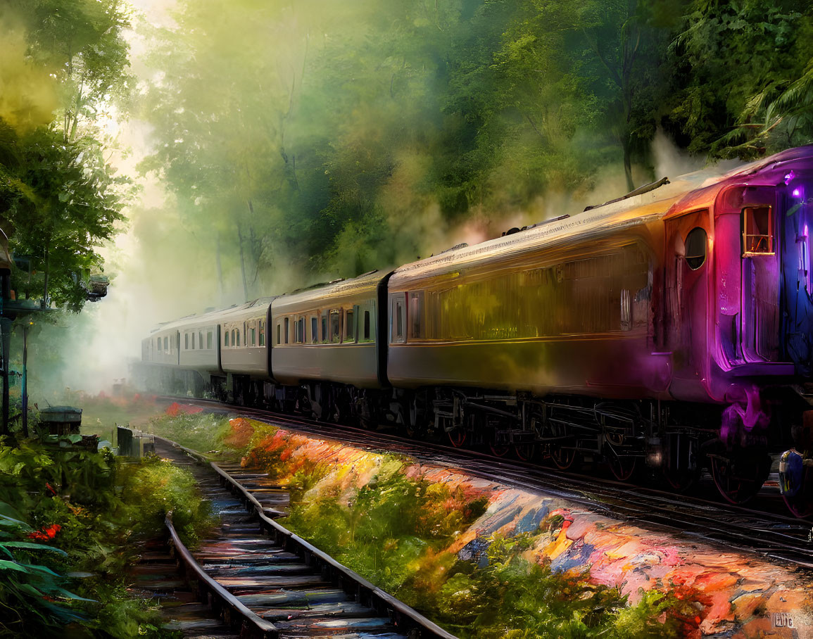 Colorful painting of a train in misty forest landscape