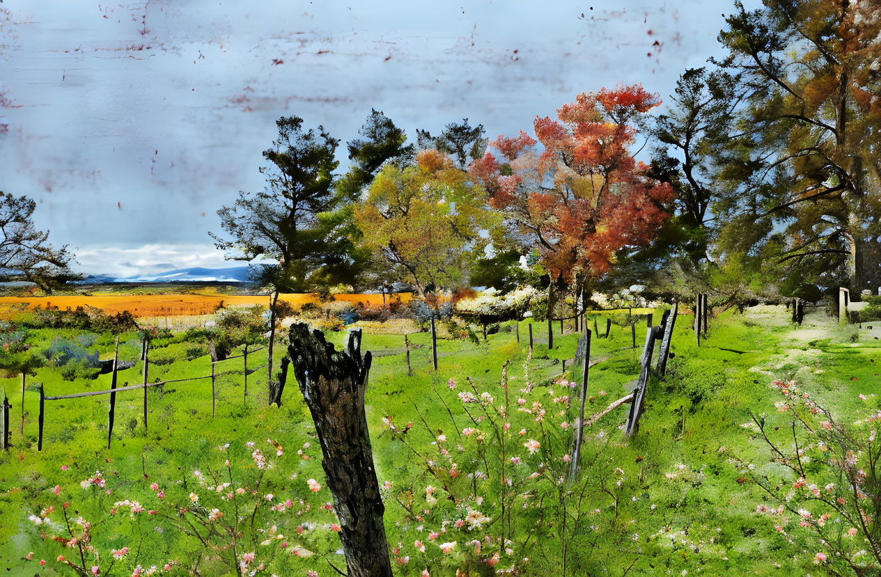 Weathered rustic fence in vibrant field with autumn trees and grunge texture.