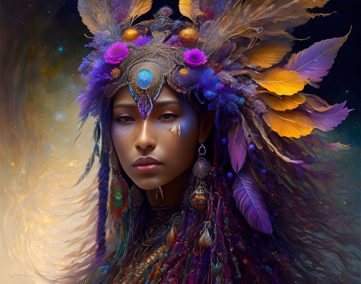 Person adorned with vibrant feather headdress and jewelry.