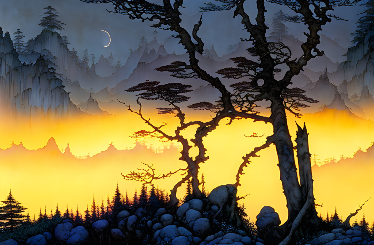 Fantasy landscape at dusk: twisty trees, orange sky, misty mountains