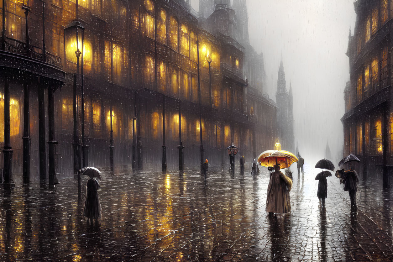 Pedestrians with umbrellas on rain-soaked street with glowing lamps and historical buildings