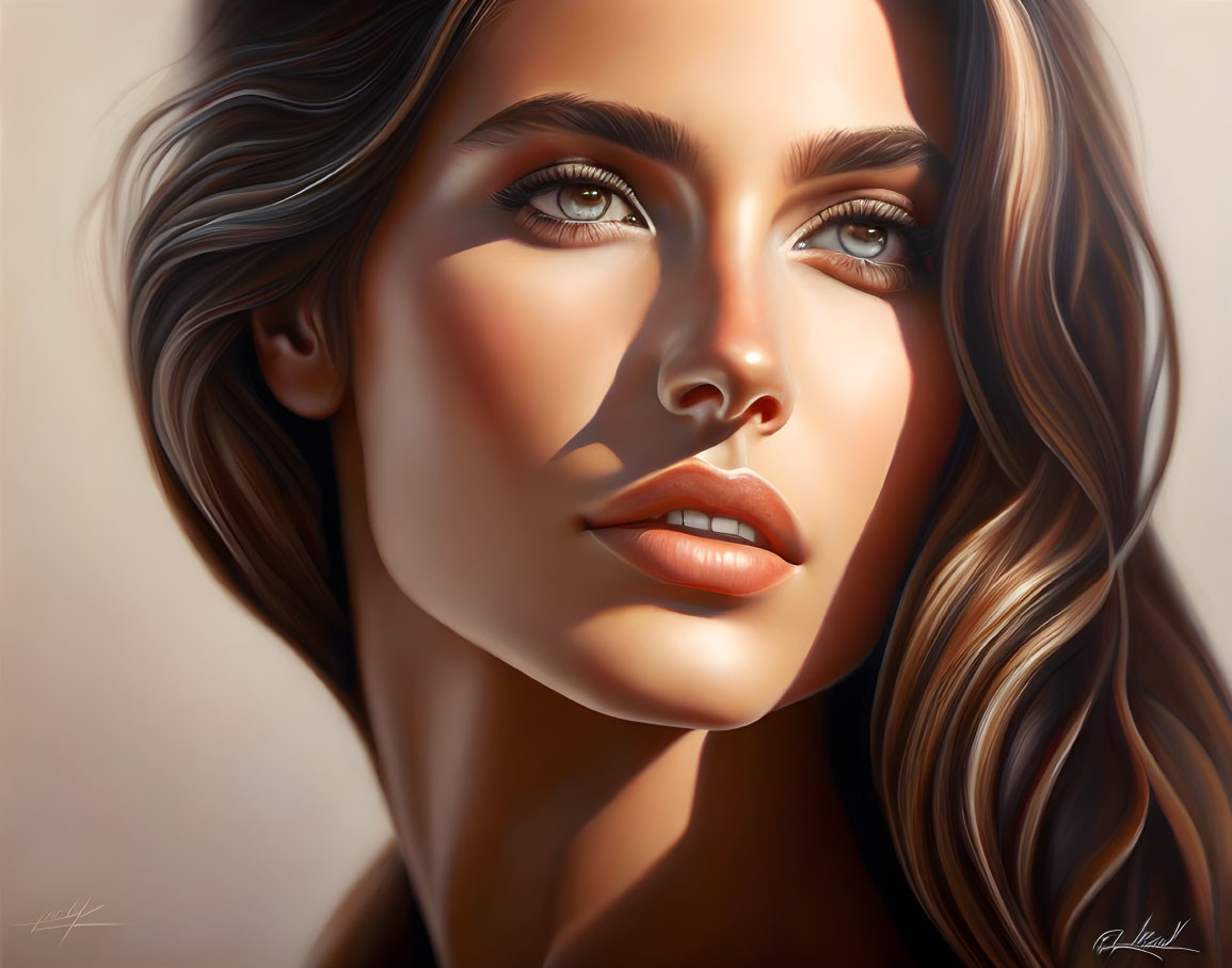 Realistic digital painting of woman with brown hair and green eyes