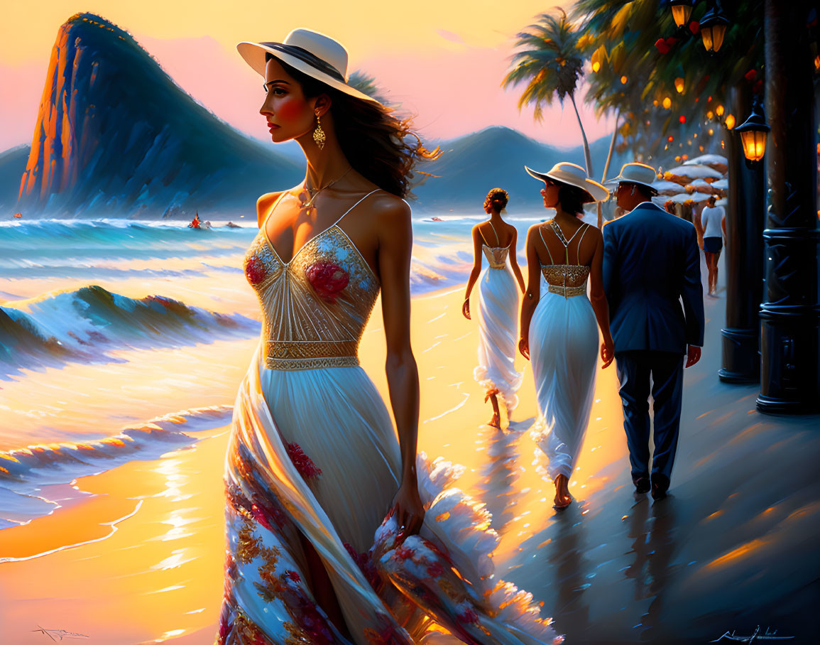 Stylish people in elegant attire on beach at sunset with serene sea and mountain.